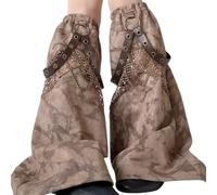 Dasbsug Manchons de jambe pour femme avec œillets en cuir PU et chaîne punk en maille épissure évasée, marron, taille unique
