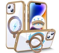 DASFOND Coque Transparente avec Support magnétique Rotatif à 360° pour iPhone 14/13, Compatible avec MagSafe, ne jaunit jamais, Dos en Polycarbonate Rigide, antidérapant, Anti-Chocs, Or