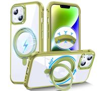 DASFOND Coque Transparente avec Support magnétique Rotatif à 360° pour iPhone 14/13, Compatible avec MagSafe, ne jaunit jamais, Dos en Polycarbonate Rigide, antidérapant, Anti-Chocs, Vert