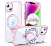 DASFOND Coque Transparente avec Support magnétique Rotatif à 360° pour iPhone 14/13, Compatible avec MagSafe, ne jaunit jamais, Dos en Polycarbonate Rigide, antidérapant, Anti-Chocs, Rose
