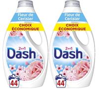 Dash 2en1 Lessive Liquide Fleurs de Cerisier et Eau de Rose, 44 Lavages, Avec Plus de Fraîcheur Lenor, Nettoyage en Profondeur, Idéale pour Prétraitement, Fabriquée en France (Lot de 2)