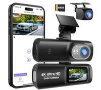 Dashcam Voiture Avant Arriere 4K+1080P, WiFi Dash Cam Camera Embarquée Voiture Enregistreur Jour et Nuit avec Carte SD 64 G, Vision Nocturne, Capteur G, Enregistrement en Boucle, WDR