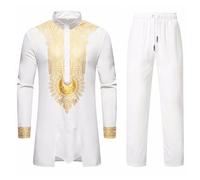 Dashiki africain pour costumes hommes broderie dorée chemise et pantalon ensemble tenues ensemble africain 2 pièces métallique costume traditionnel estampage doré imprimé vêtements tribaux, Blanc., L