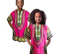 Dashiki Chemise africaine pour enfants au design traditionnel, vêtements authentiques pour enfants motifs ethniques et imprimé africain garçon fille, Rose/vert, 10-12 ans