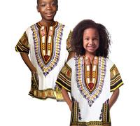 Dashiki Chemise africaine pour enfants au design traditionnel, vêtements authentiques pour enfants motifs ethniques et imprimé africain garçon fille, Blanc, orange, jaune, 6-8 ans