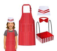 DASHUAIGE Kit de costume de serveur des années 50 4 pièces avec tabliers rayés rouges et blancs, toque de chef, nœuds papillon rouges et plateau à goûter pour enfants, fête costumée