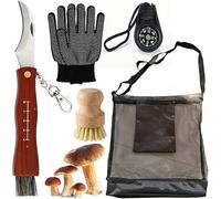 DASIAUTOEM Couteau à Champignons avec Sac de Cueillette de Champignons，Brosse, Boussole et Gants, Couteau Mycologique de Poche Pliant, avec Brosse Poil de Sanglier