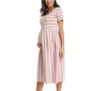 DASJKDI Robe de maternité décontractée à Manches Courtes et col Ras du Cou for Femme, Rayures, idéale for l'été(Pink,XX-Large)
