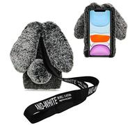 DasKAn Compatible avec iPhone SE 2022 & 2020/7/8 4,7" 3D Oreilles de Lapin Fourrure Coque avec Bandoulière, Femmes Hiver Bling Diamant Chaud Souple Peluche Housse de Protection, Gris Foncé