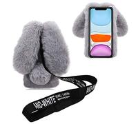 DasKAn Compatible avec iPhone SE 2022 & 2020/7/8 4,7" 3D Oreilles de Lapin Fourrure Coque avec Bandoulière, Femmes Hiver Bling Diamant Chaud Souple Peluche Housse de Protection, Gris Clair