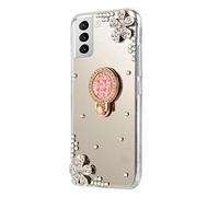 DasKAn Compatible avec Samsung Galaxy S21 Plus 5G Diamant Miroir Coque avec Support de Bague, Brillante 3D Strass Motif Anti-Chute Antichoc Souple Silicone Gel TPU Housse de Protection, Argent#1