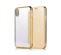 DasKAn Paillette Rabat Coque iPhone XR,Élégant Folio Porte-Carte Portefeuille Cuir Housse de Avant Transparent Ultra Mince Souple Fine Silicone Cadre de Placage Étui de Téléphone Arrière,Or