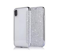 DasKAn Paillette Rabat Coque iPhone XR,Élégant Folio Porte-Carte Portefeuille Cuir Housse de Avant Transparent Ultra Mince Souple Fine Silicone Cadre de Placage Étui de Téléphone Arrière,Argent