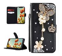 DasKAn pour iPhone 12 Pro Max 6,7" Diamant Coque à Rabat, Bling Strass Perle Papillon d'or Couronne Design Folio Magnétique Flip Portefeuille Housse de Protection avec Porte Carte et Dragonne, Noir