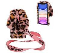 DasKAn pour iPod Touch 5/6 / 7 Fourrure Coque avec Bandoulière, 3D Oreilles de Lapin Design Brillant Diamant Hiver Chaud Souple Peluche Housse de Protection Étui de Téléphone, Léopard Rose
