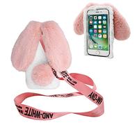 DasKAn pour iPod Touch 5/6 / 7 Fourrure Coque avec Bandoulière, 3D Oreilles de Lapin Design Brillant Diamant Hiver Chaud Souple Peluche Housse de Protection Étui de Téléphone, Blanc & Rose