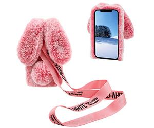 DasKAn pour iPod Touch 5/6 / 7 Fourrure Coque avec Bandoulière, 3D Oreilles de Lapin Design Brillant Diamant Hiver Chaud Souple Peluche Housse de Protection Étui de Téléphone, Rose