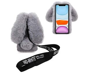 DasKAn pour iPod Touch 5/6 / 7 Fourrure Coque avec Bandoulière, 3D Oreilles de Lapin Design Brillant Diamant Hiver Chaud Souple Peluche Housse de Protection Étui de Téléphone, Gris Clair
