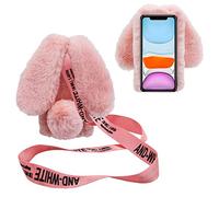 DasKAn pour Samsung Galaxy S21 5G Fourrure Coque avec Bandoulière, 3D Oreilles de Lapin Design Brillant Diamant Hiver Chaud Souple Peluche Housse de Protection Étui de Téléphone, Rose Clair