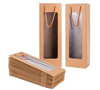 Dasofine Lot de 20 sacs cadeaux à vin avec fenêtre - 10,5 x 8,5 x 36,1 cm de haut - Sacs cadeaux marron pour le Nouvel An, une pendaison de crémaillère, un dîner de fête