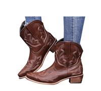Dasongff Botte Equitation Femme Western Indiennes Larges Mollets Santiags Western Broderie Bout Pointu Bottes de Cowboy Cowgirl Vintage Talon Bloc Botte Mi-Mollet Classiques Boots Antidérapant