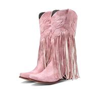 Dasongff Botte Santiag Femme à Frange Cowboy Bottes Indiennes Santiags Vintage Mollets Larges Talon Plat à Glands Bout Pointu Bottines Boots Élégant Slip-on Cowgirl Western Rétro Classiques