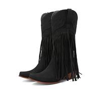 Dasongff Botte Santiag Frange Femme Cowboy Bottes Indiennes Santiags Vintage Mollets Larges Talon Plat à Glands Bout Pointu Bottines Boots Élégant Slip-on Cowgirl Western Rétro Classiques
