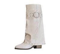 Dasongff Bottes Shark Pour Femmes Bottes à Talons éPais et Bout Pointu Mi-Mollet à Enfiler Cloutées Women Shark Boots Fold Over Mid Calf Chunky Heel Snip Toe Cowgirl Pull On Studded Boots For Women