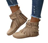 Dasongff Bottes Western Femme Santiags à Frange Vintage Bottes Cowboy Indiennes Talon Plat à Glands Bout Rond Ankle Boots Élégant Slip-on Cowgirl Western Rétro Bottes Classiques Cheville