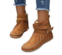 Dasongff Bottes Western Femme Santiags à Frange Vintage Bottes Cowboy Indiennes Talon Plat à Glands Bout Rond Ankle Boots Élégant Slip-on Cowgirl Western Rétro Bottes Classiques Cheville