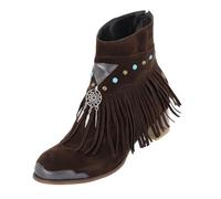 Dasongff Bottines à Franges Pour Femme Plates en Daim à Bout Rond et Large Bottines Courtes Pour L'extérieur Style Western avec Pompon à Enfiler Talon Bas Chaussures Habillées Mi-Mollet