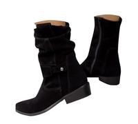 Dasongff Bottines Larges Mollets pour Femme Bout Rond à Talon Bas Bottes mi-Mollet Cowboy Enfiler Bottine Hautes en Suédé Faux Boucle Marche Confortables Vintage Chaussures Santiags Automne Hiver