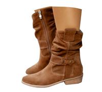 Dasongff Bottines Larges Mollets pour Femme Bout Rond à Talon Bas Bottes mi-Mollet Cowboy Enfiler Bottine Hautes en Suédé Faux Boucle Marche Confortables Vintage Chaussures Santiags Automne Hiver