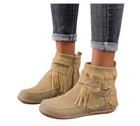 Dasongff Bottines Santiags Western Femme Bottes Indiennes Beige Frange Ankle Boots Bout Rond à Frange Bottes Courtes Décontractée Bottes d'hiver Automne Talon Plat Chelsea Boots