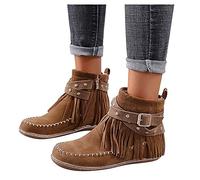 Dasongff Bottines Santiags Western Femme Bottes Indiennes Beige Frange Ankle Boots Bout Rond à Frange Bottes Courtes Décontractée Bottes d'hiver Automne Talon Plat Chelsea Boots