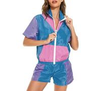 Dasongff Costume Disco Années 70, Ensemble Deguisement Annee 80 et 90 pour Homme Femme, Survêtement Rétro avec Veste et Pantalon Court Color-Block Disco Hippie Tenue Set pour Carnaval, Jogging