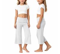 Dasongff Pantalon Sarouel pour Enfant Filles Coral Foldover Pants Foldover Flare Leggings Pantalon Capri Confortable Longueur 3/4 Taille Élastiquée Extensible pour La Détente, Le Yoga Et La Plage