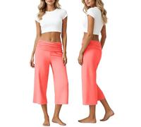Dasongff Pantalon Sarouel pour Femme Coral Foldover Pants Foldover Flare Leggings Pantalon Capri Confortable Longueur 3/4 Taille Élastiquée Extensible pour La Détente, Le Yoga Et La Plage Décontracté