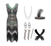Dasongff Robe Flapper à Franges et à Sequins des Années 1920 avec Un Ensemble d'accessoires des années 20 pour Femme Robe Gatsby Femme Annee 20