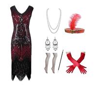 Dasongff Robe Gatsby Femme Annee 20 Déguisement Année 20 Robe Charleston Gatsby Le Magnifique à Paillettes avec Perles et Franges Accessoire Vintage Mafia Bas Résille Sequins Costume Tenue
