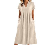 Dasongff Robe Longue Femme Fluide Coton et Lin Décontractée Robe Chemise Manches Courtes Col V Ample Casuel A-Line Bohème Robes de Plage Femme Casual Dress avec Poches