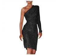 Dasongff Robe Sexy Femme à Une épaule Manches Longues Paillettes Scintillantes Froncée Robe de Soirée Midi pour Fête Vacances Cocktail Party Clubbing Nuit Mariage Formelles