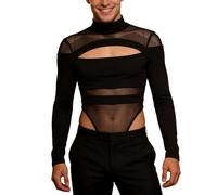 DASONLUE Bodysuits Sexy pour homme Patchwork transparent à manches longues Cut Out Goth Dark Cyber Shirt Tops Y2K Punk Hollow Out Gothique Bodycon Mesh Sheer T-shirts unis, Noir , XL