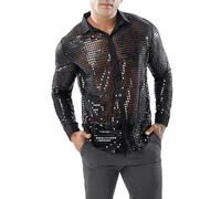 DASONLUE Chemise à paillettes pour homme - Chemise de loisirs vintage disco années 70 - Chemise à manches longues - Chemise de fête - Chemise de fête métallique brillante - Costume de carnaval, Noir