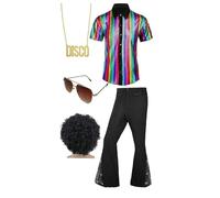 DASONLUE Costume disco des années 70 - Hippie - Pour homme - Chemise à paillettes et pantalon évasé - Lunettes fausses barbes - Colliers et perruques - 80S - Costume de carnaval