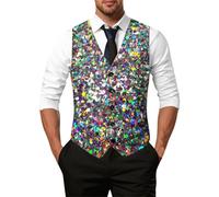 DASONLUE Gilet de costume pour homme - Imprimé à paillettes - Style disco - Costume de carnaval - Veste à une rangée - Multicolore - Impression brillante - Gilet d'affaires élégant, argenté, XXL