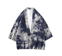 DASONLUE Kimono Cardigan pour homme Imprimé dégradé de couleurs Cardigan Coupe décontractée Veste d'été Sept manches Cardigan fin Veste de chemise Style chinois Veste traditionnelle, bleu marine, 3XL