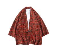 DASONLUE Kimono Cardigan pour homme Imprimé dégradé de couleurs Cardigan Coupe décontractée Veste d'été Sept manches Cardigan fin Veste de chemise Style chinois Veste traditionnelle, rouge brique, XL