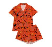 DASONLUE Pyjama d'Halloween pour femme, deux pièces, couleur unie avec imprimé squelette de citrouille, col de chemise, manches courtes, boutonnière, pantalon court, pour dormir, petite fête en ville