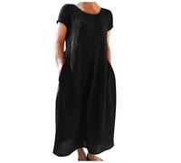 DASONLUE Robe d'été pour femme - En lin - Tissu plissé - Couleur unie - Col rond - Manches courtes - Coupe trapèze fluide - Avec poches - Élégante robe décontractée pour café, réunion, piscine, fête